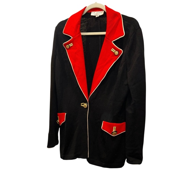 St. John Collection black red gold buttons military style Santana knit jacket 8 - Picture 1 of 4